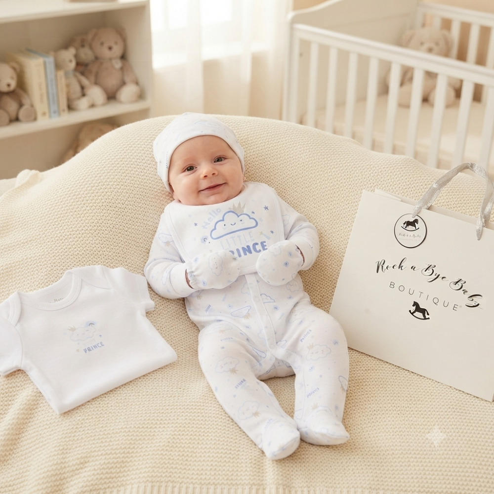 H12774NB: Baby Boys Little Prince 6 Piece Mesh Bag Gift Set (NB-6 Months) H12774NB: Baby Boys Little Prince 6 Piece Mesh Bag Gift Set (NB-6 Months)