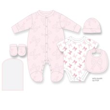 H12811NB: Baby Girls Bows 6 Piece Mesh Bag Gift Set (NB-6 Months)