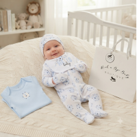H12812NB: Baby Boys "Hello Baby" 6 Piece Mesh Bag Gift Set (NB-6 Months)