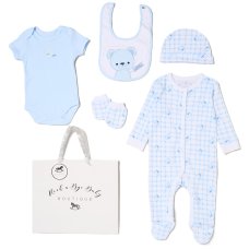 H12814NB: Baby Boys Bear 6 Piece Mesh Bag Gift Set (NB-6 Months)