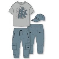H13031: Boys Bench Drop Shoulder T- Shirt, Cargo Trousers & Cap Set (18 Months-5 Years)