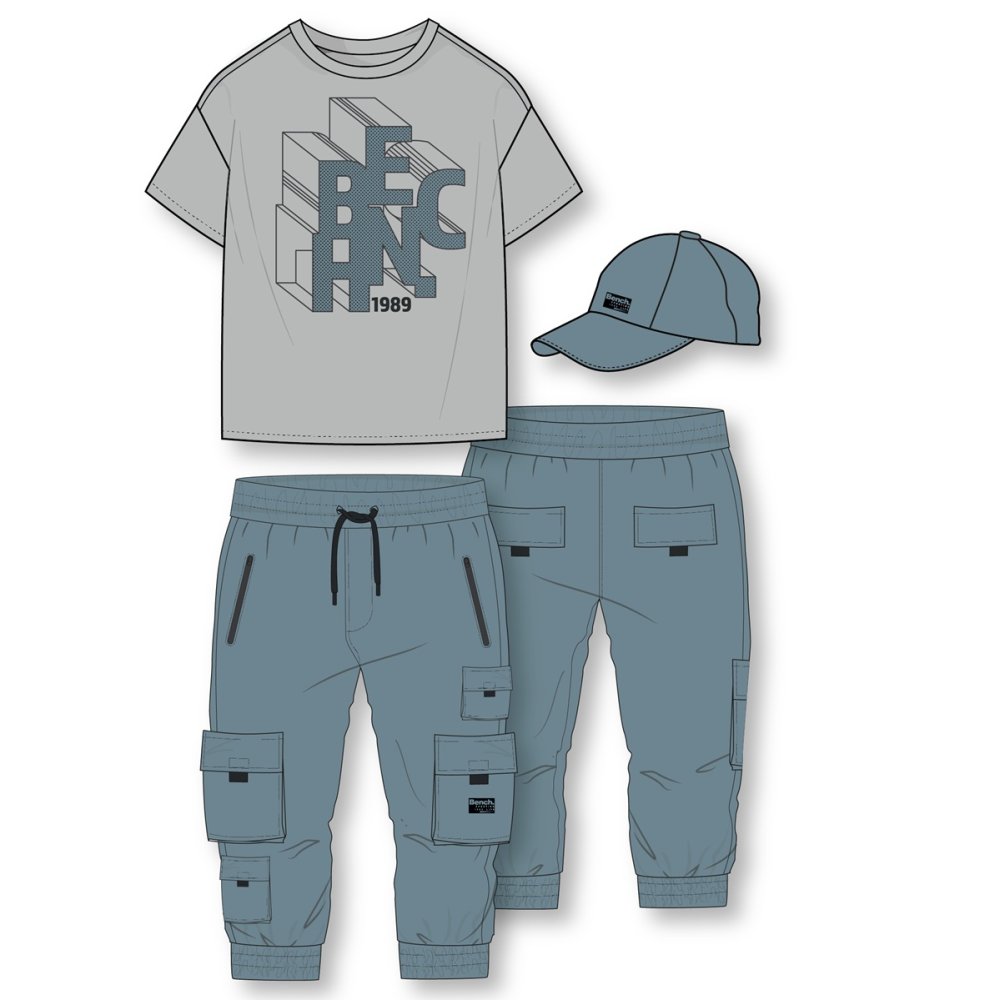 H13031: Boys Bench Drop Shoulder T- Shirt, Cargo Trousers & Cap Set (18 Months-5 Years) H13031: Boys Bench Drop Shoulder T- Shirt, Cargo Trousers & Cap Set (18 Months-5 Years)