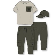 H13033: Boys Bench Drop Shoulder T- Shirt, Cargo Trousers & Cap Set (18 Months-5 Years)