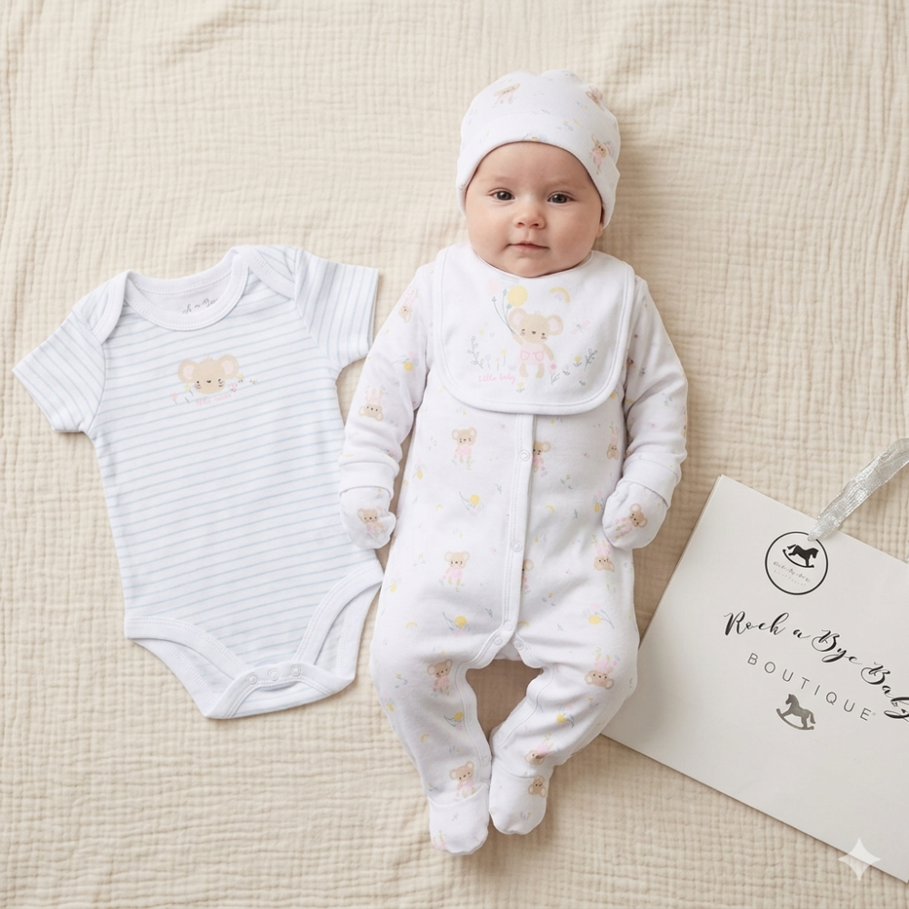 H13272NB: Baby Girls Mouse 6 Piece Mesh Bag Gift Set (NB-6 Months) H13272NB: Baby Girls Mouse 6 Piece Mesh Bag Gift Set (NB-6 Months)