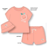 H13637INF: Baby Girls 3D Peach Applique T-Shirt, Shorts & Bucket Hat Outfit (9-24 Months)