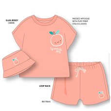 H13637INF: Baby Girls 3D Peach Applique T-Shirt, Shorts & Bucket Hat Outfit (9-24 Months)