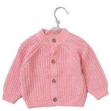 H13665NB: Baby Pink Cotton Knit Cardigan With Embroidery Detail- Hello (0-12 Months)