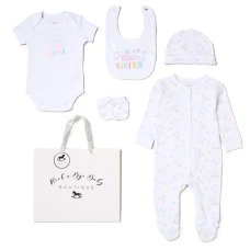 H13698NB: Baby Girls 6 Piece Mesh Bag Gift Set- Best Little Sister (NB-6 Months)