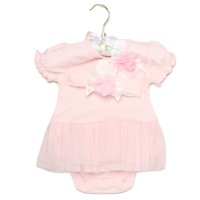 H14260NB: Baby Girls Pink Bodysuit With Tutu Skirt & Headband On A Satin Padded Hanger (0-9 Months)