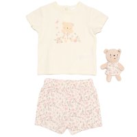 H14298NB: Baby Girls Floral Bear T-Shirt, Shorts & Plush Toy Set (0-9 Months)