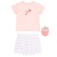 H14299NB: Baby Girls Strawberry T-Shirt, Shorts & Plush Toy Set (0-9 Months)