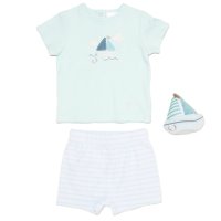 H14308NB: Baby Boys Boat T-Shirt, Shorts & Plush Toy Set (0-9 Months)