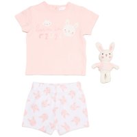 H14312NB: Baby Girls Bunny T-Shirt, Shorts & Plush Toy Set- Born In 2026 (0-9 Months)
