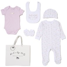 H14416NB: Baby Girls Floral "its a girl" 6 Piece Mesh Bag Gift Set (NB-6 Months)