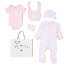 H14431NB: Baby Girls Bunny 6 Piece Mesh Bag Gift Set (NB-6 Months)