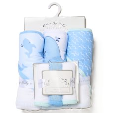 H14922: Baby Boys Whale 6 Piece Hooded Towels & Washcloths Bath Time Set
