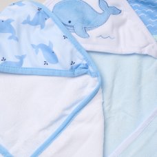 H14922: Baby Boys Whale 6 Piece Hooded Towels & Washcloths Bath Time Set