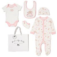 H15038NB: Baby Girls Bunny 6 Piece Mesh Bag Gift Set (NB-6 Months)
