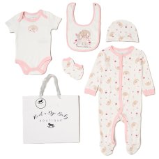 H15038NB: Baby Girls Bunny 6 Piece Mesh Bag Gift Set (NB-6 Months)