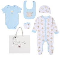 H15241NB: Baby Boys Bear 6 Piece Mesh Bag Gift Set (NB-6 Months)