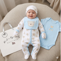 H15241NB: Baby Boys Bear 6 Piece Mesh Bag Gift Set (NB-6 Months)