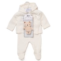 J15343: Baby Unisex Quilted Jacquard Jacket & Footed Trousers Outfit With Plush Bear Toy (NB-6 Months)