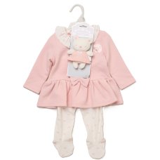 J15419: Baby Girls Quilted Jacquard Top With Puff Hem  & Footed Trousers Outfit With Plush Bear Toy (3-6 Months)