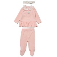 J15500: Baby Girls Ribbed Velour Top With Padded Applique Bear In Pocket & Footed Trousers Outfit With Headband (3-6 Months)