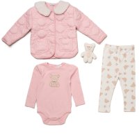 J15503:  Baby Girls Quilted Jacket, Bodysuit & Leggings Outfit With Bear Plush Toy (12-24 Months)