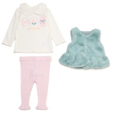 J15539INF: Baby Girls Faux Fur Gilet, Top & Legging Outfit (12-24 Months)