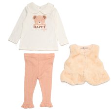 J15546NB: Baby Girls Faux Fur Gilet, Top & Legging Outfit (0-9 Months)
