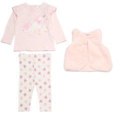 J15547NB: Baby Girls Faux Fur Gilet, Top & Legging Outfit (0-9 Months)