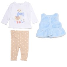 J15553NB: Baby Girls Faux Fur Gilet, Top & Legging Outfit (0-9 Months)