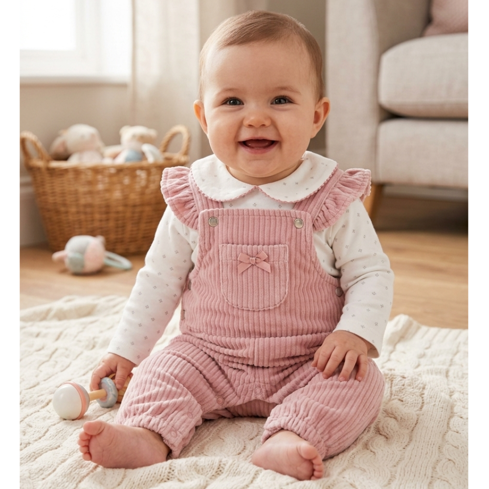 J15754: Baby Girls Ribbed Velour Dungaree & Bodysuit Outfit (3-9 Months) J15754: Baby Girls Ribbed Velour Dungaree & Bodysuit Outfit (3-9 Months)