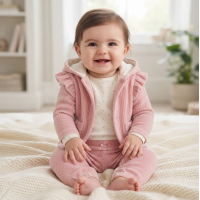 J15755: Baby Girls Ribbed Velour Jacket & Pant With Bodysuit Outfit (6-9 Months)