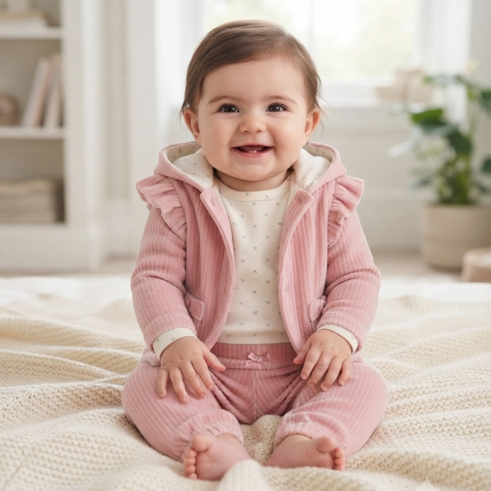 J15755: Baby Girls Ribbed Velour Jacket & Pant With Bodysuit Outfit (6-9 Months) J15755: Baby Girls Ribbed Velour Jacket & Pant With Bodysuit Outfit (6-9 Months)