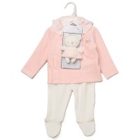 J16231: Baby Girls Ribbed Velour Jacket  & Footed Trousers Outfit With Plush Bear Toy (3-6 Months)
