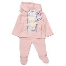 J16232: Baby Girls Quilted Jacquard Jacket & Footed Trousers Outfit With Plush Bear Toy (3-6 Months)