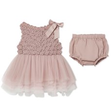 J16603NB: Baby Girls 3d Applique Flower Dress & Knickers (0-9 Months)