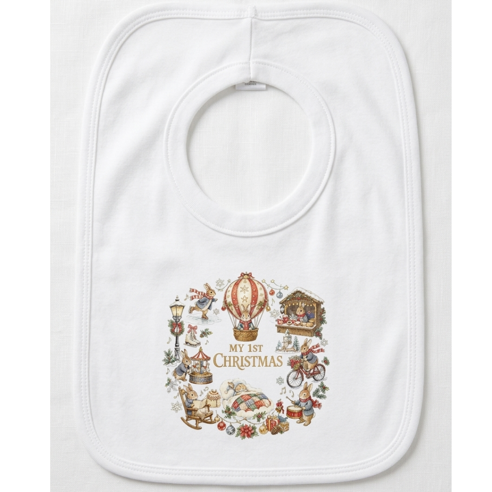 KWB121: My 1st Christmas Bunny Rabbit Over Head Bib KWB121: My 1st Christmas Bunny Rabbit Over Head Bib