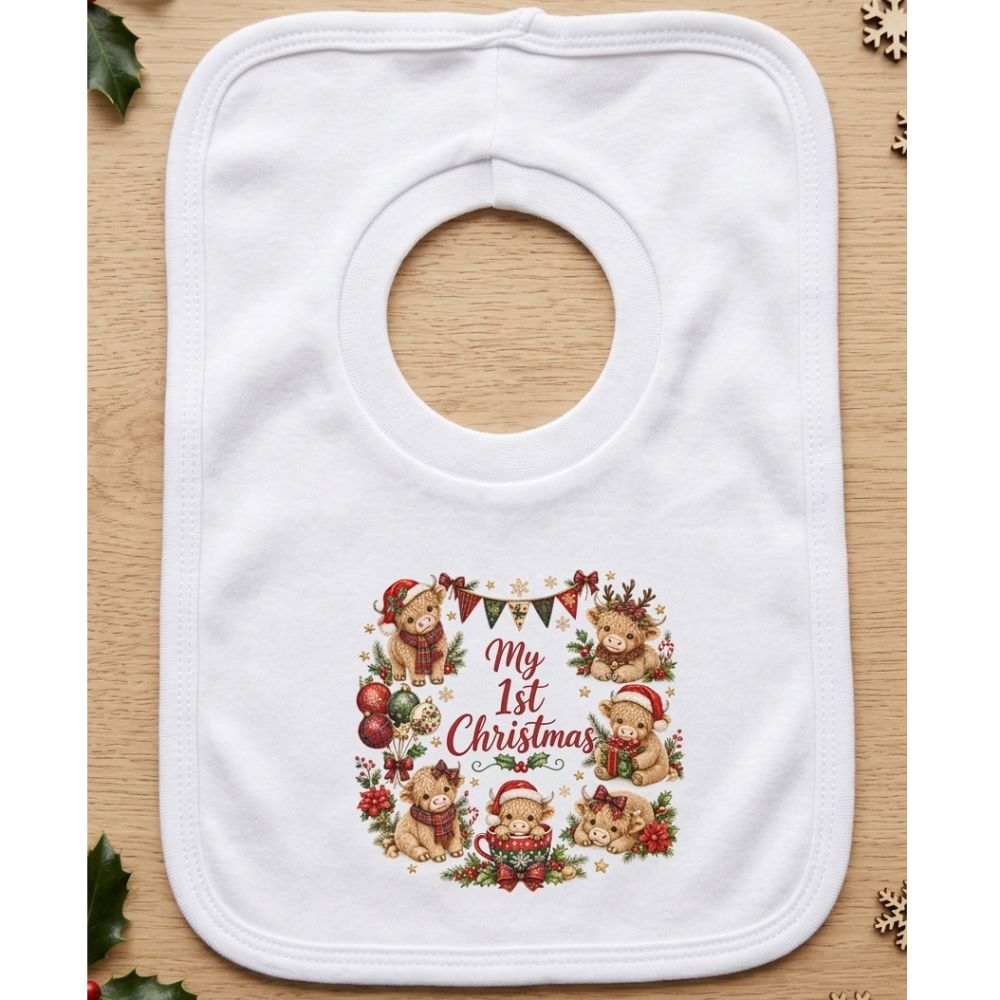 KWB122: My 1st Christmas Highland Cows Over Head Bib KWB122: My 1st Christmas Highland Cows Over Head Bib