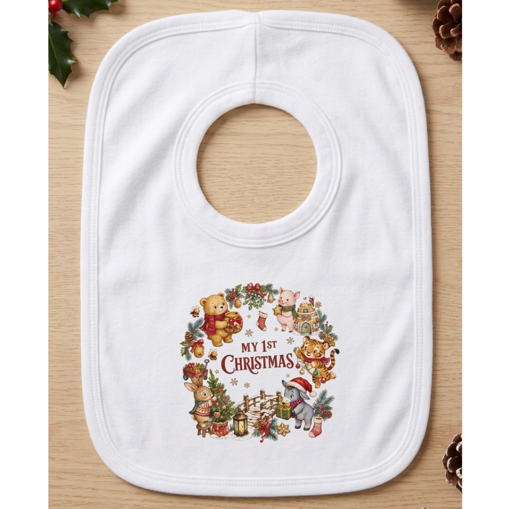 KWB123: My 1st Christmas Honey Bear & Friends Over Head Bib KWB123: My 1st Christmas Honey Bear & Friends Over Head Bib
