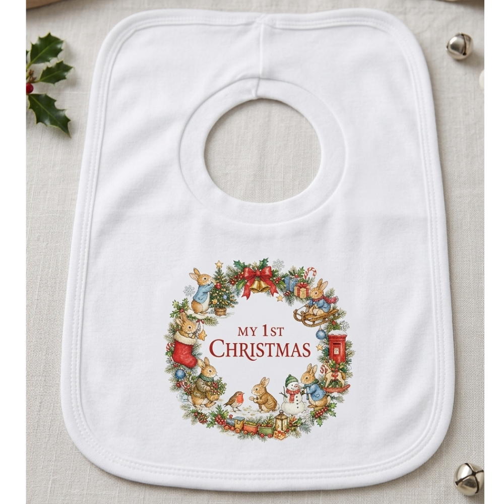KWB124: My 1st Christmas Bunny Rabbit Over Head Bib KWB124: My 1st Christmas Bunny Rabbit Over Head Bib