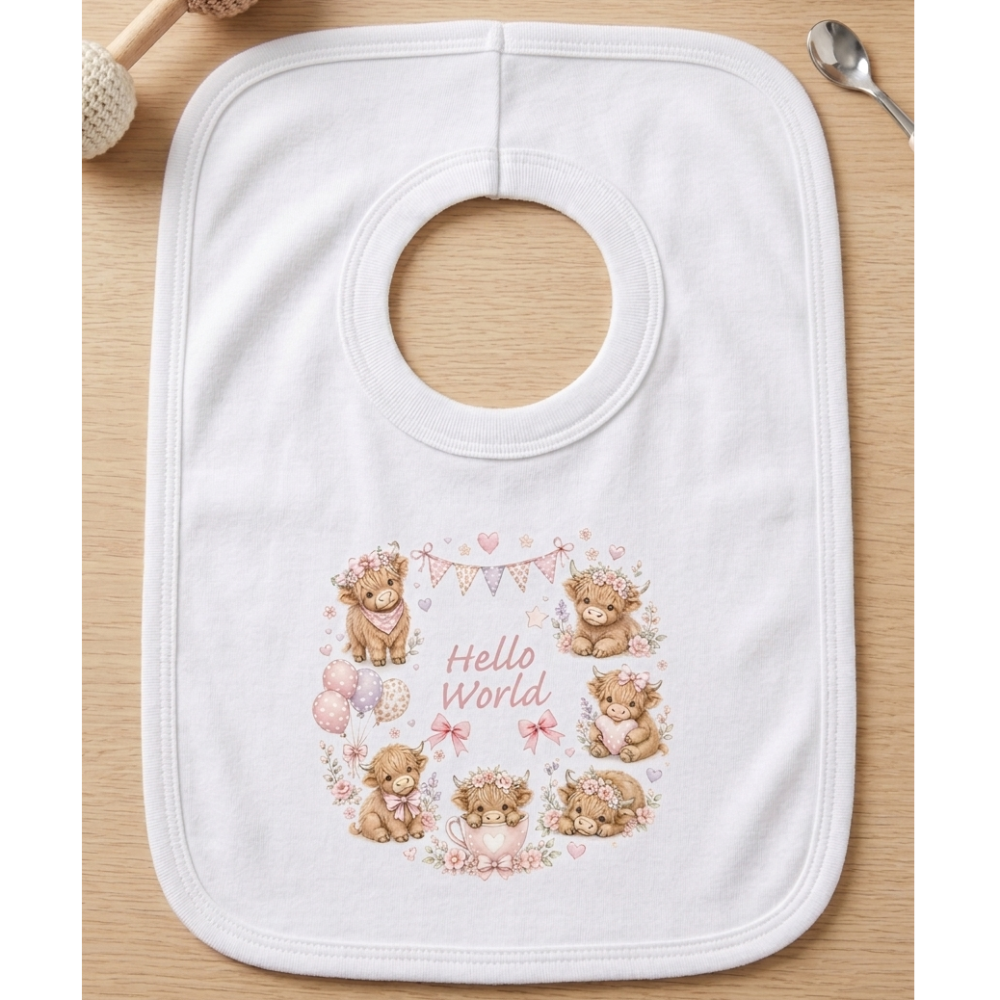 KWB126: Hello World Highland Cows Over Head Bib KWB126: Hello World Highland Cows Over Head Bib