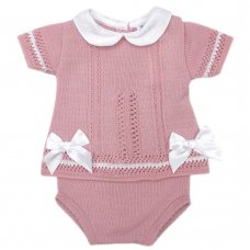 MC727-Dusky Pink: Baby Knitted 2 Piece Set With Double Bows (0-9 Months)