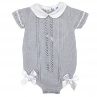 MC730-Grey: Baby Double Bow Knitted Romper (0-9 Months)