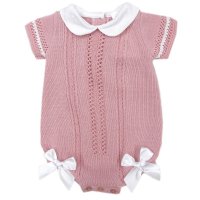 MC730-Dusky Pink: Baby Double Bow Knitted Romper (0-9 Months)