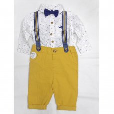 B03761: Baby Boys Bodysuit Shirt With Bow Tie & Chino Pant With Braces Outfit (0-18 Months)
