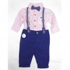 B03762: Baby Boys Bodysuit Shirt With Bow Tie & Chino Pant With Braces Outfit (0-18 Months)