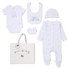 H13294NB: Baby Boys 6 Piece Mesh Bag Gift Set- Best Little Brother (NB-6 Months)